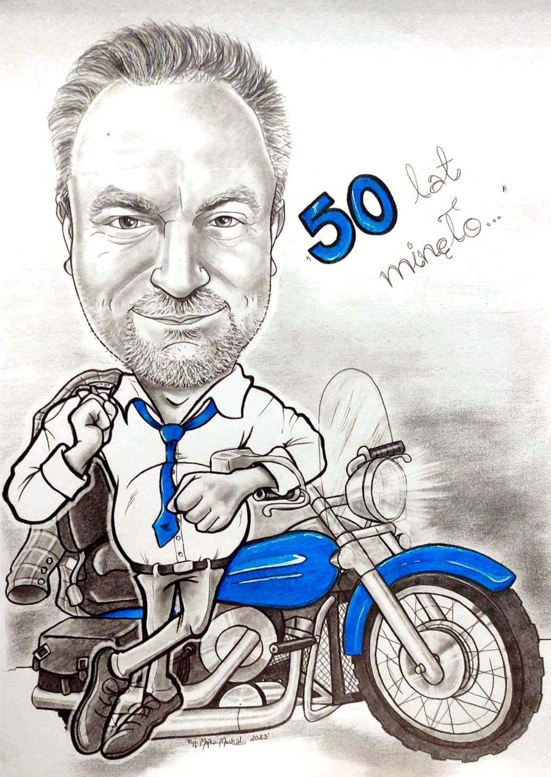 Karykatura mężczyzny na motocyklu, ołówek